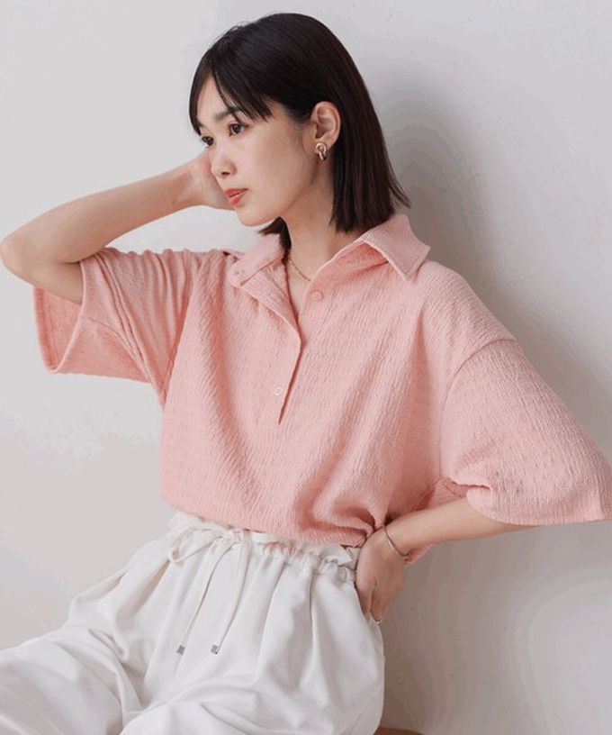 日本 Bab - 精緻紋理都會感五分袖上衣-粉紅