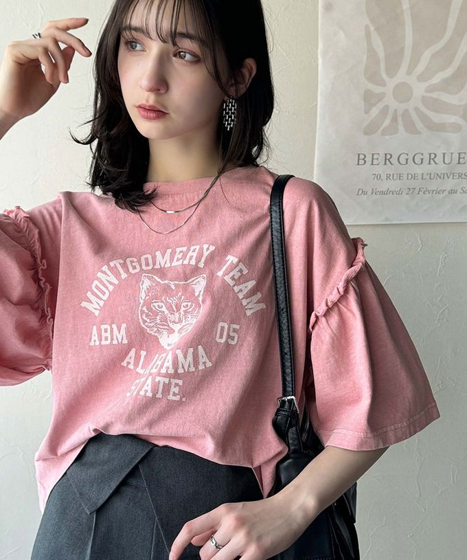 日本 Classical Elf - 貓科酷印花寬大荷葉五分袖上衣-炭灰