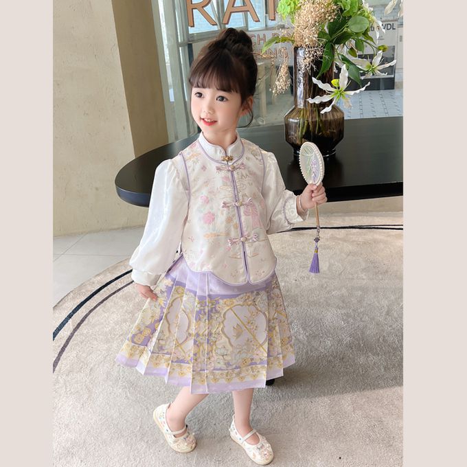 古風漢服旗袍領襯衫背心長裙套裝 新年拜年女童長裙套裝