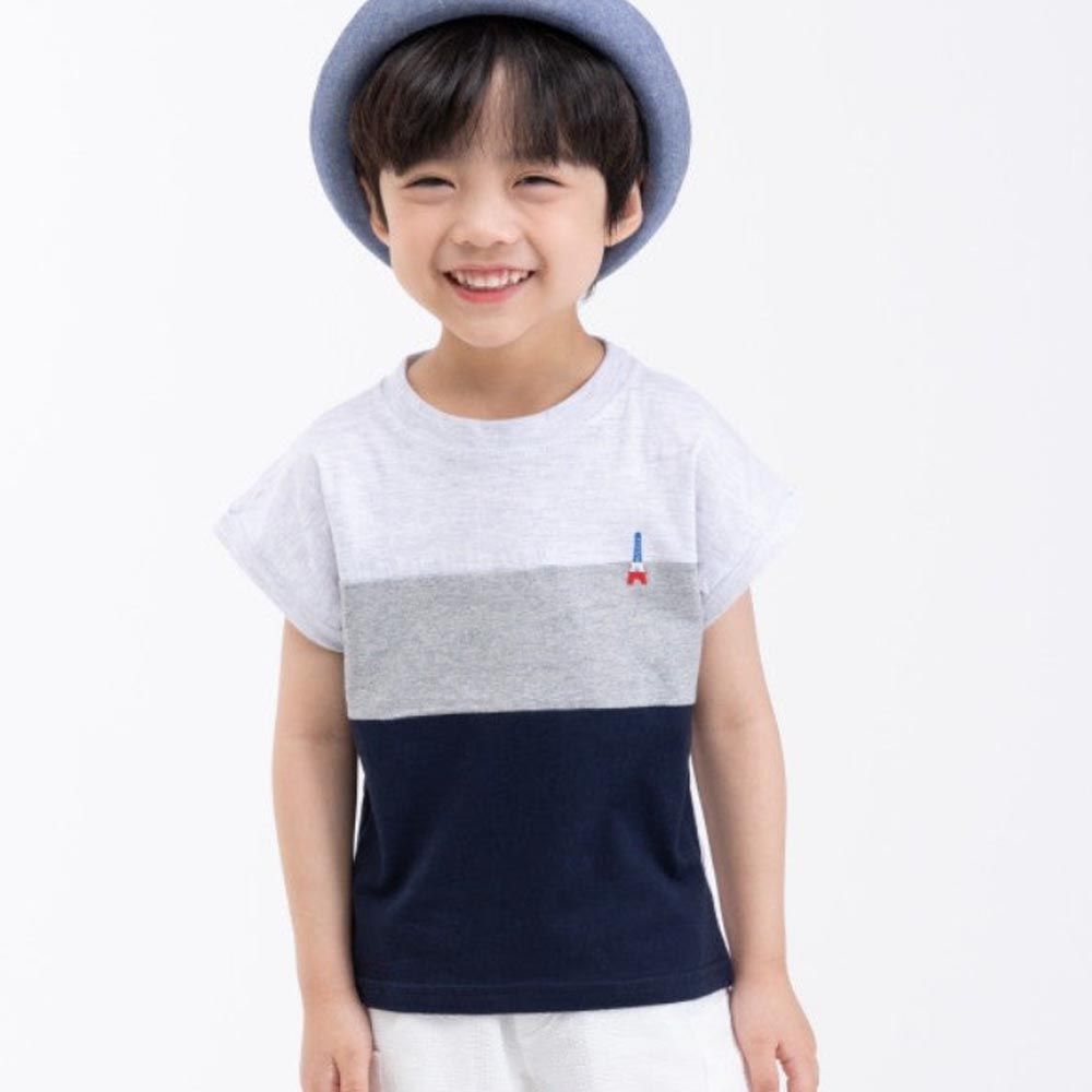 韓國 Coco Bang - 鐵塔裝飾拼色短袖上衣-灰X黑藍