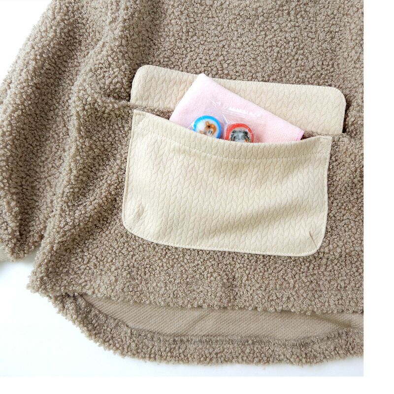 日本 ZOOLAND - 圓領泰迪熊刷毛長袖上衣-百寶袋-淺灰杏