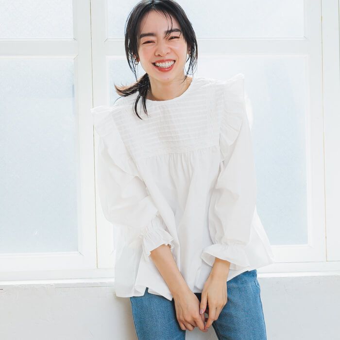 日本 COCA - 古典荷葉邊糖果袖寬鬆長袖上衣-白