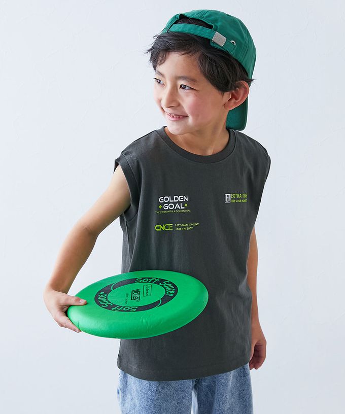 日本 devirock - 100%棉 定番印花寬版無袖上衣-TOUGH-灰杏