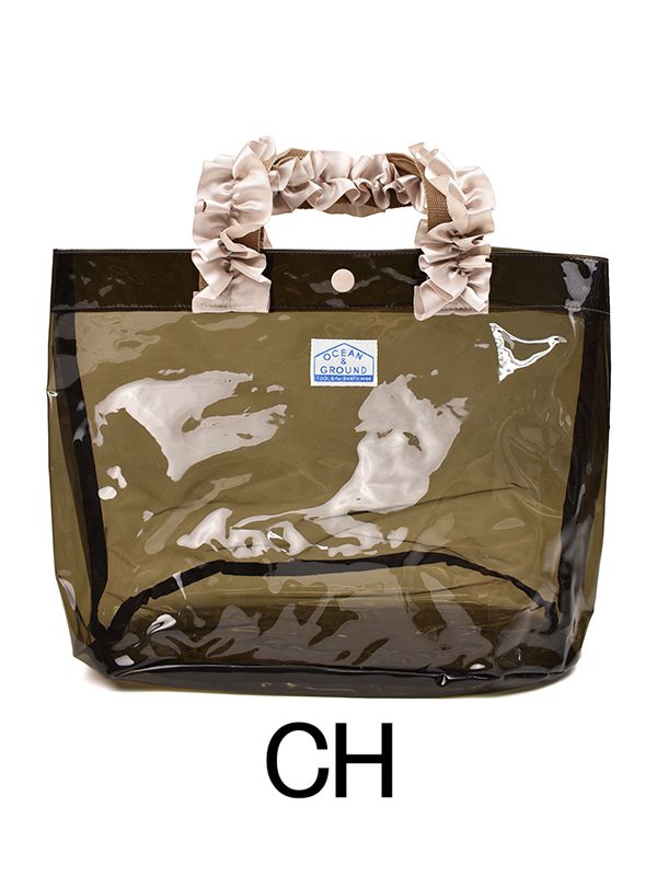 日本 OCEAN&GROUND - 透明PVC防水手提袋-緞帶度假風-灰黑 CH (27x33x20.5cm)