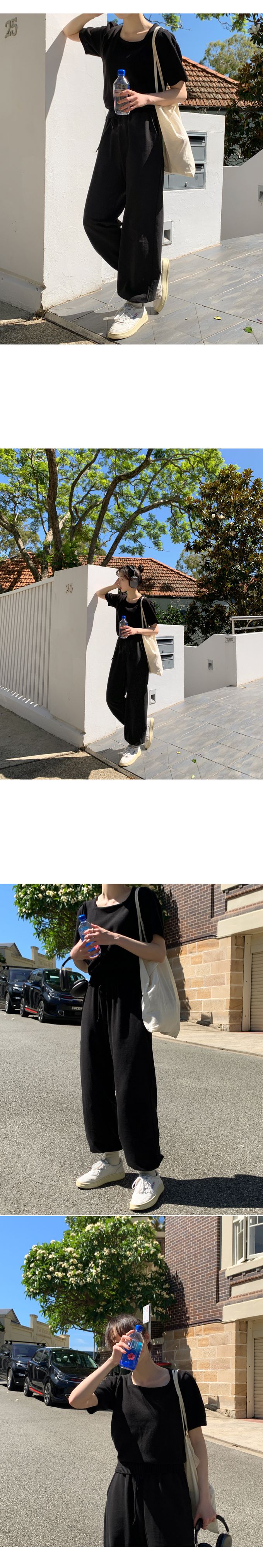 韓國 98doci - 氣質方領針織短袖上衣-黑