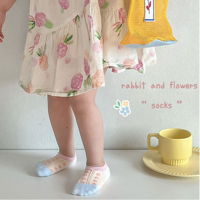 love, charlotte - 馬卡龍色粉嫩小花網眼隱形棉襪-5 雙一組
