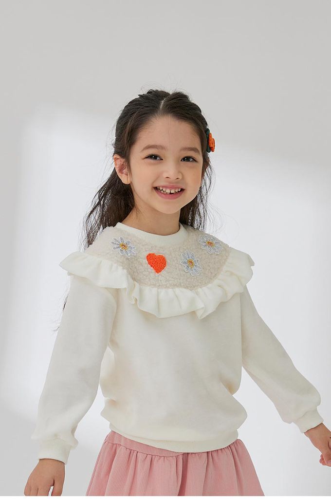 韓國 OZKIZ - 閃亮雛菊波浪暖絨長袖大學T-象牙白