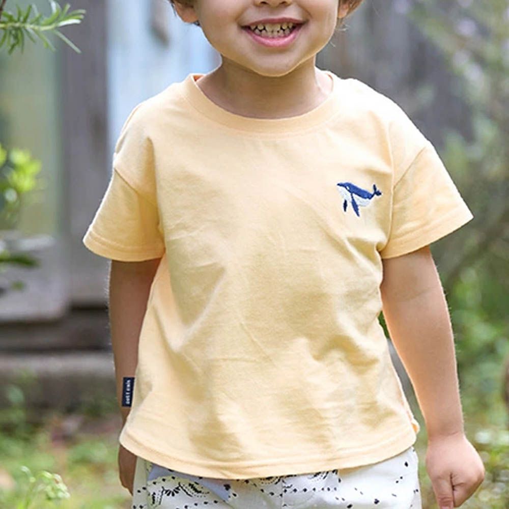 [低價]接觸冷感 刺繡短袖上衣-鯨魚-奶油黃