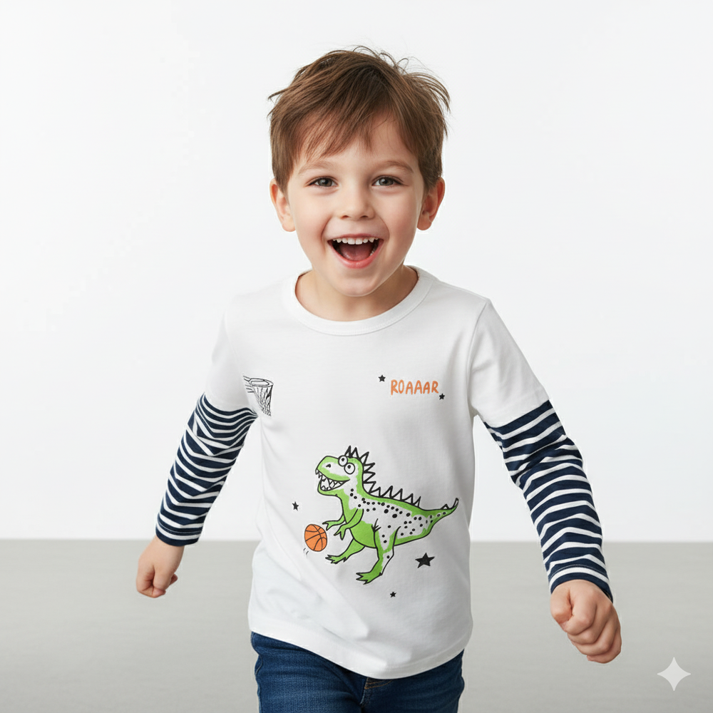 純棉假兩件長袖上衣-恐龍打籃球-米白