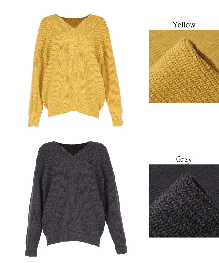 日本 COCA - 文藝V領羅紋針織毛衣-芥黃