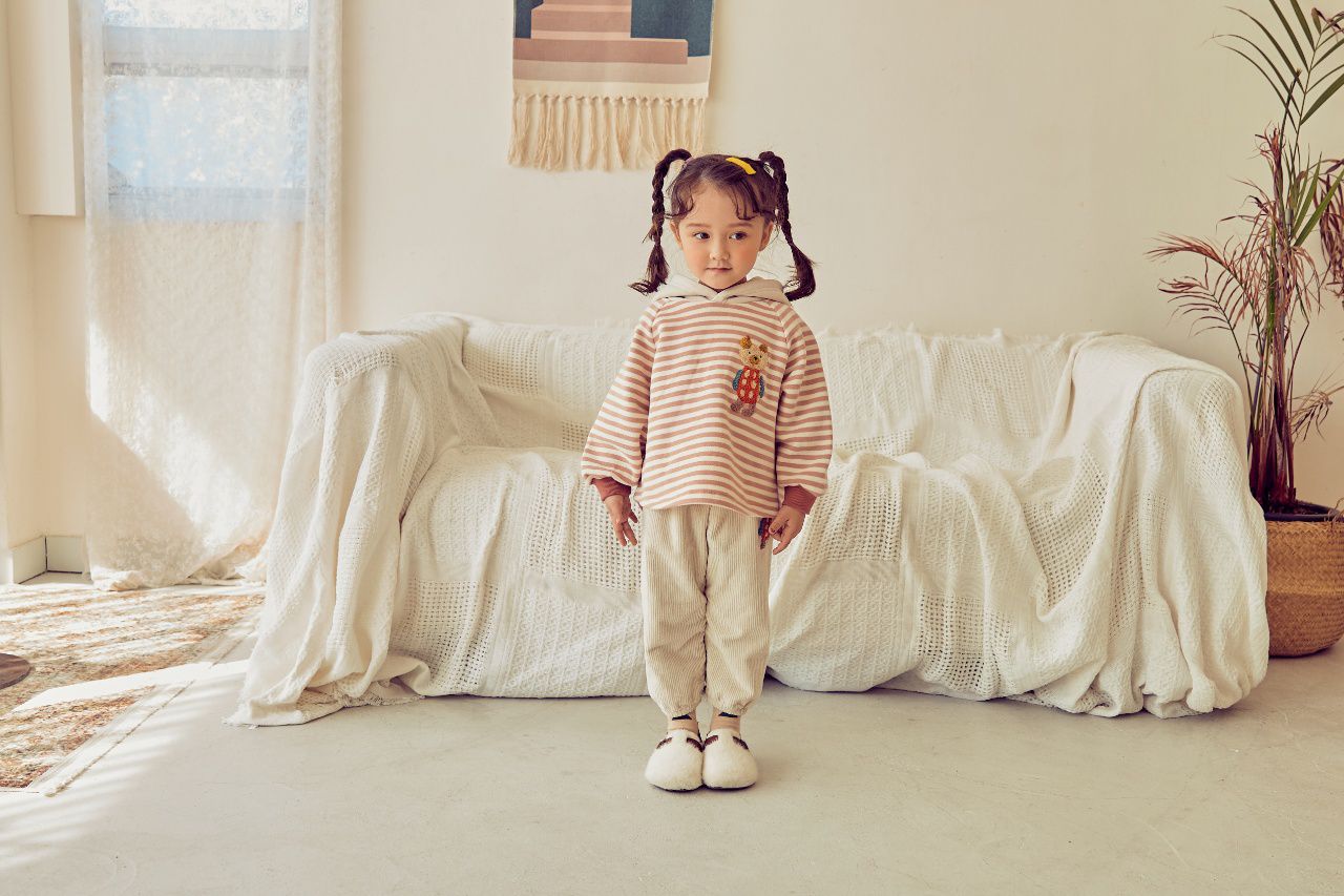 韓國 Mimico - (裏起毛)立體熊熊條紋連帽T-暗粉