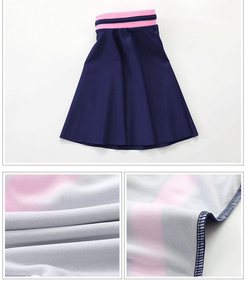 運動風短袖連身泳裝-裙子款-粉+藍