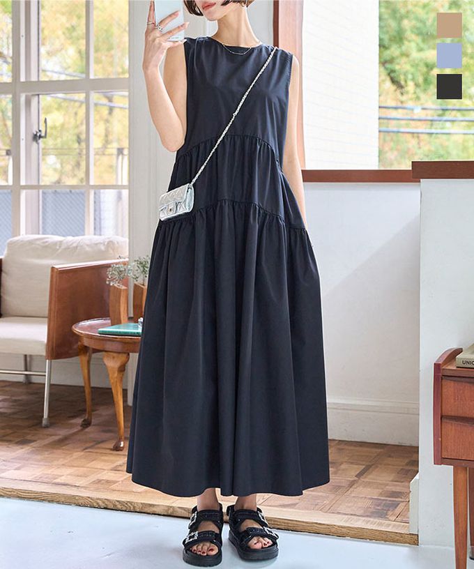 日本 Kobe Lettuce - 渡假風簡約分層無袖洋裝-黑 (M)