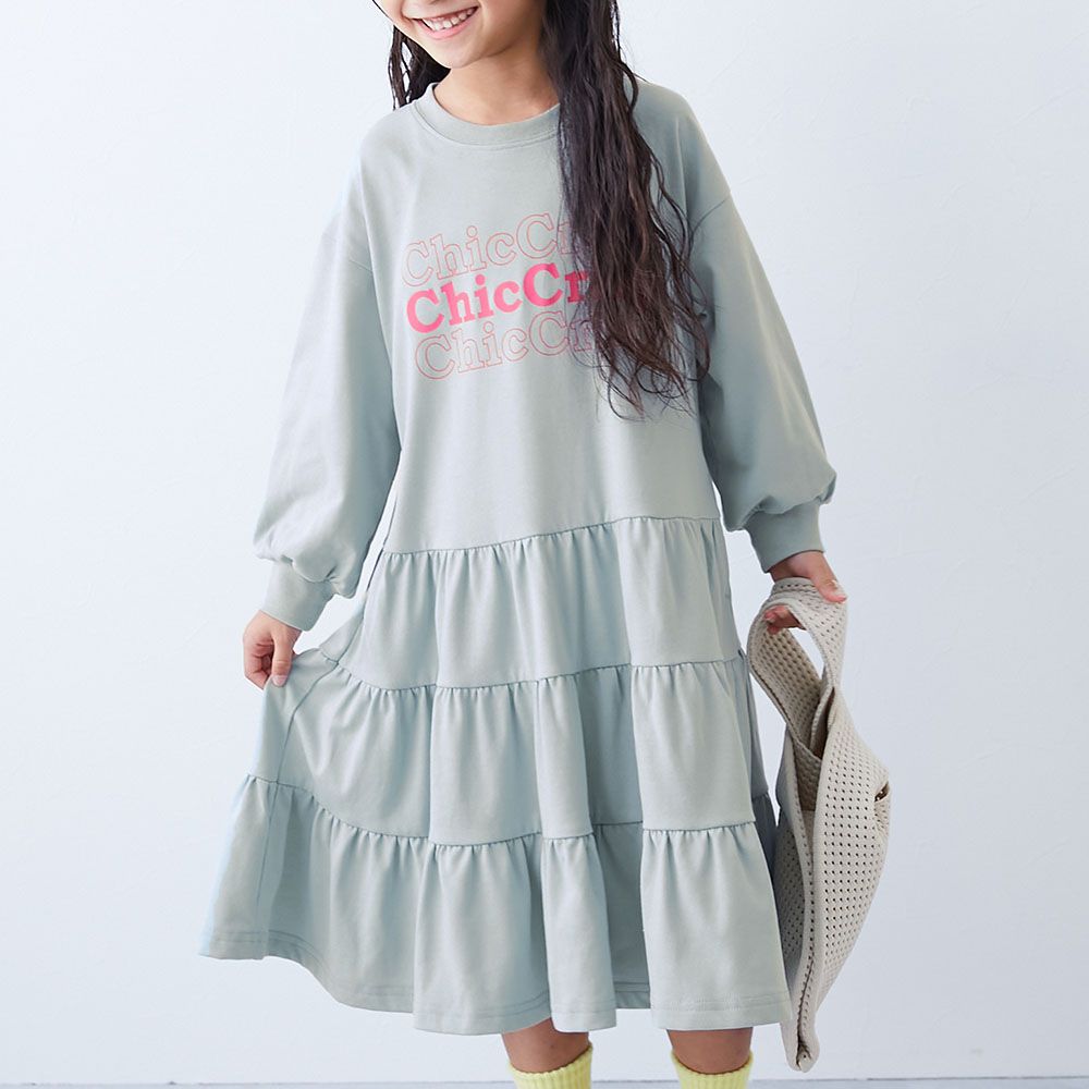 簡約英文logo分層飄逸長袖洋裝-灰綠