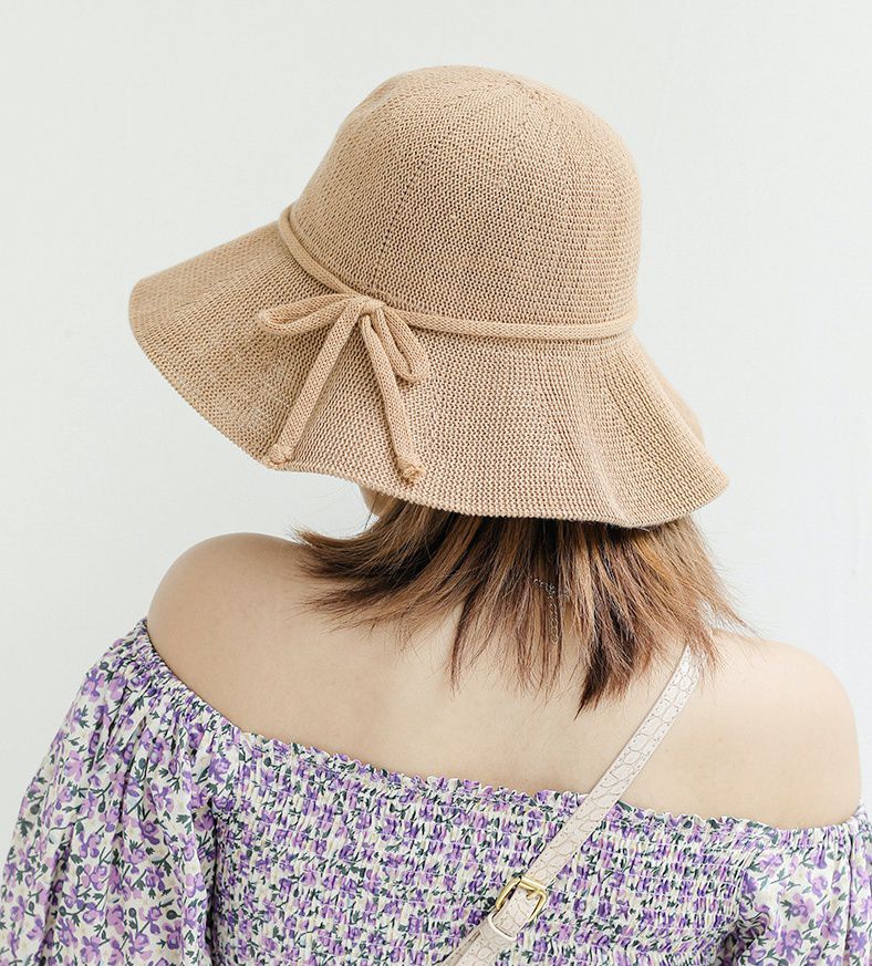透氣可折疊遮陽棉纱草帽-綁繩蝴蝶結-米色 (56-58cm)