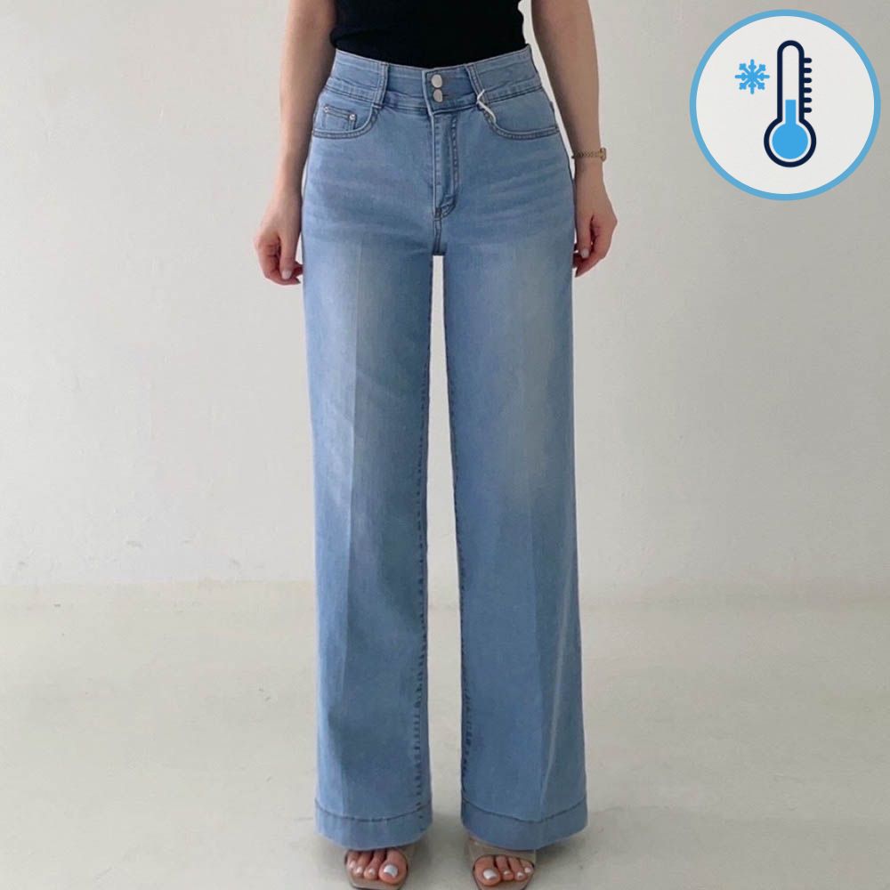 (涼感機能)雙釦鬆緊腰修飾直筒寬褲-淺藍