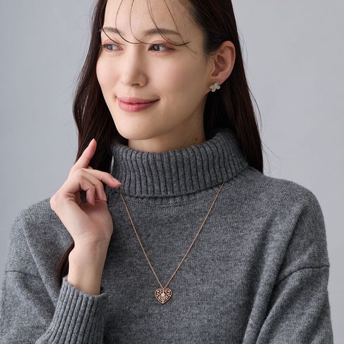 日本 Melody Accessory - 日本製 古典鏤空心形寶石長項鍊-玫瑰金