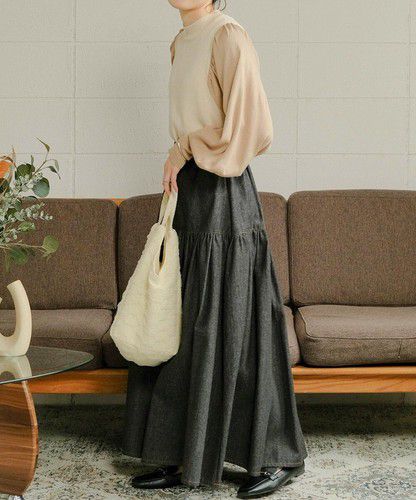 日本 Bou Jeloud - 細針織拼接泡泡袖上衣-淺卡其