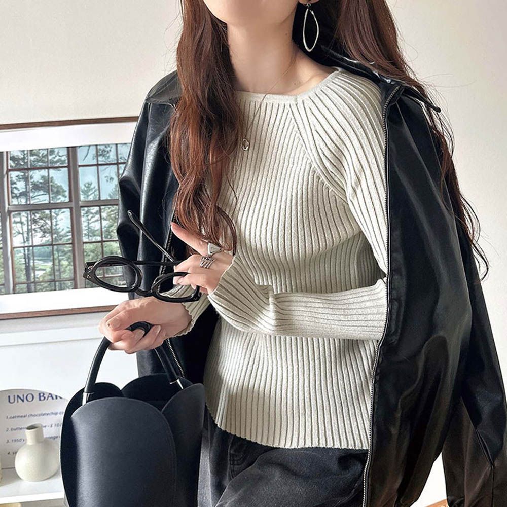 優雅羅紋合身針織長袖上衣-象牙白