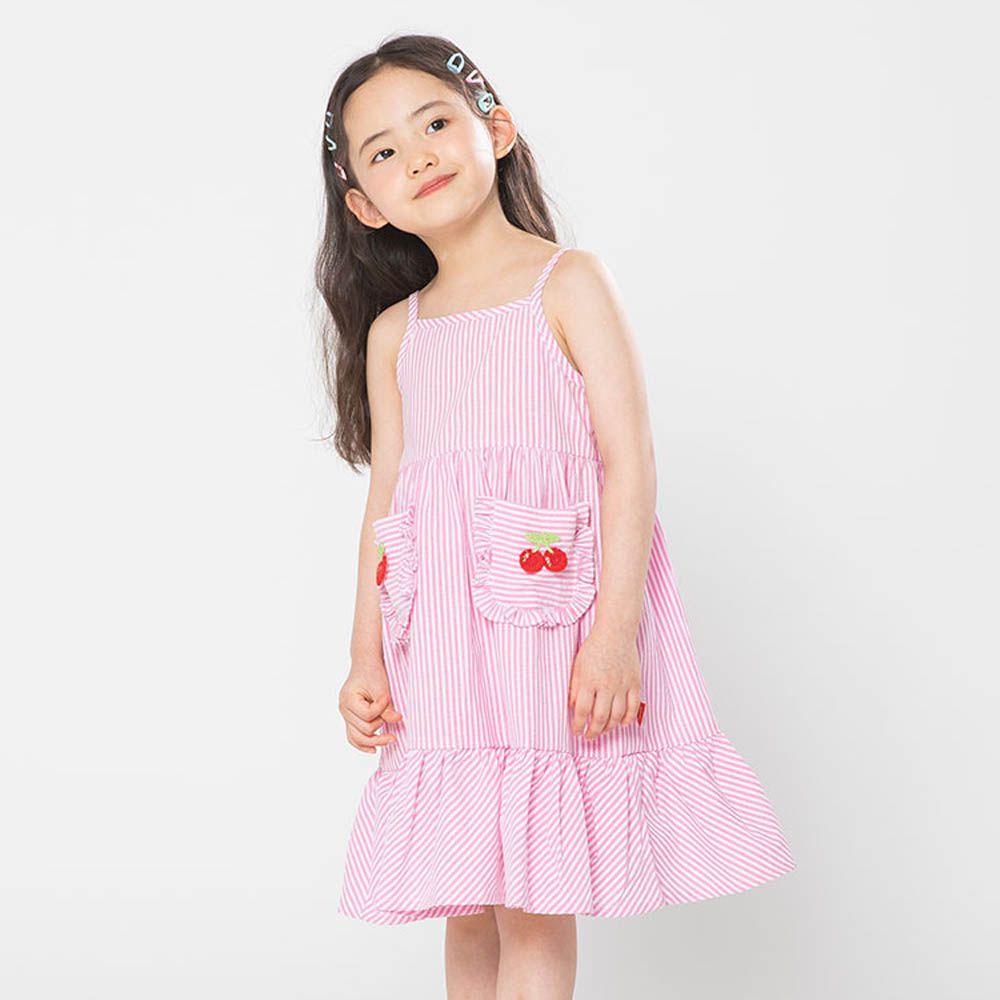 紅櫻桃裝飾直紋細肩帶拼接洋裝-粉