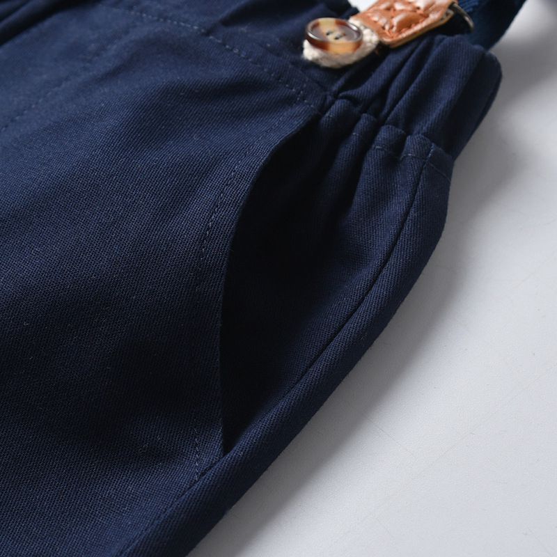 小紳士格紋短袖襯衫套裝-有背帶款-灰+深藍