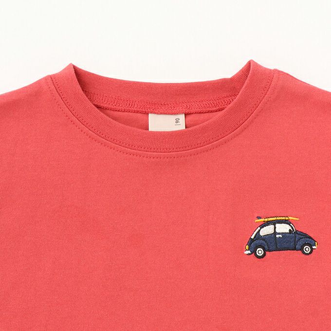 日本 petit main - [低價]接觸冷感 刺繡短袖上衣-車車-紅