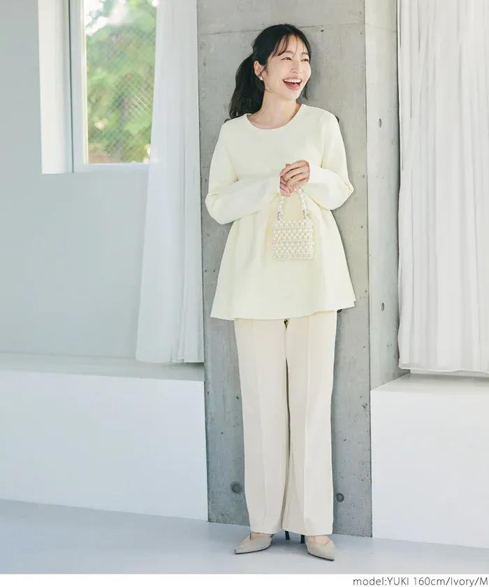 日本 COCA - 裏起毛摺線美腿微喇叭褲-黑