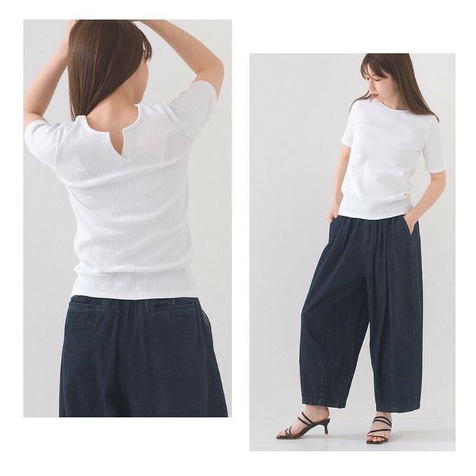 日本 OMNES - 接觸冷感 後頸V羅紋合身短袖上衣-白