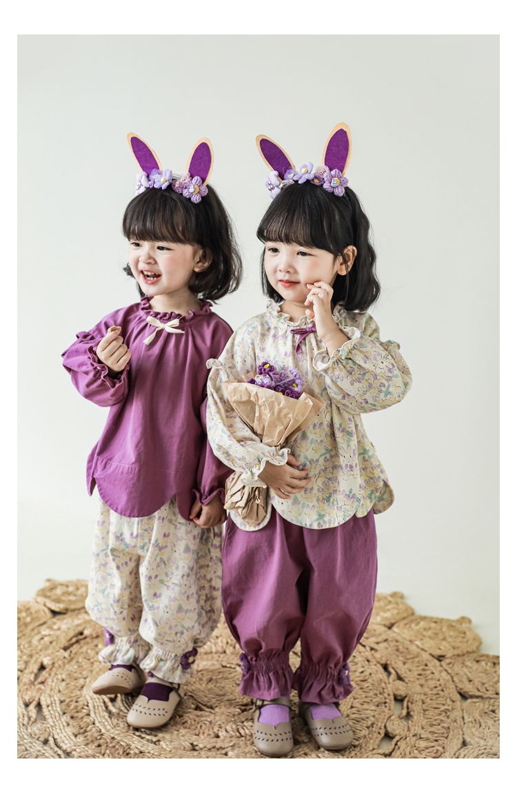 腰鬆緊束口花苞長褲-兔子與花-杏色