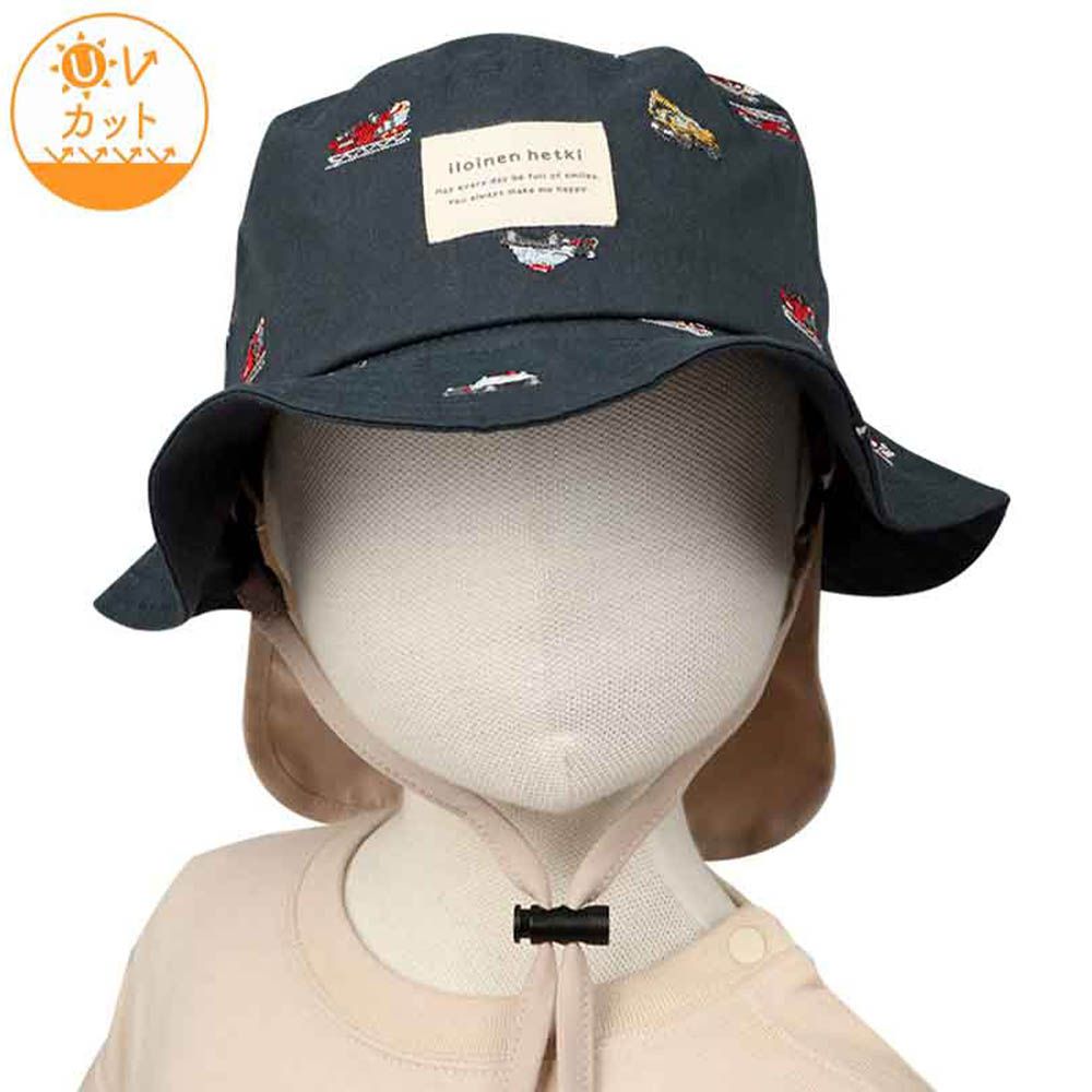 漁夫帽-滿版刺繡 附防曬遮陽布-深藍色