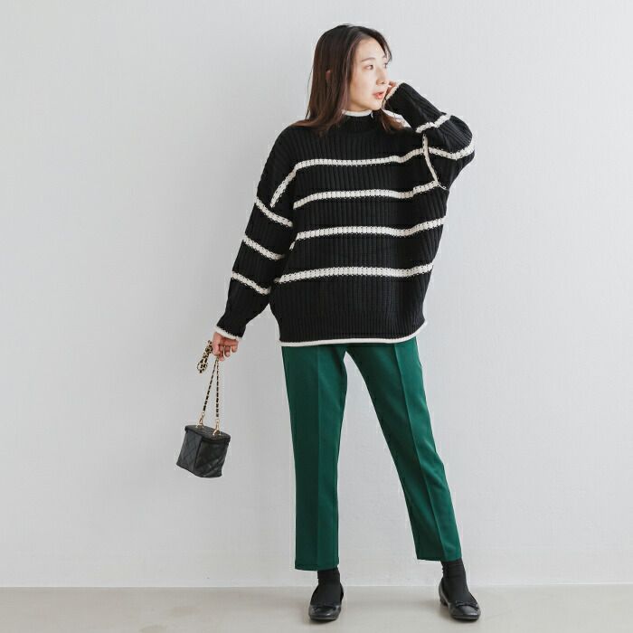 日本 ihuu - 率性線條高領厚針織長袖上衣-黑x白條紋