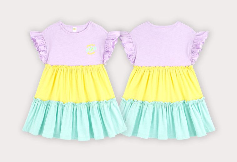 韓國 HEJMINI - 荷葉袖三色拼接洋裝