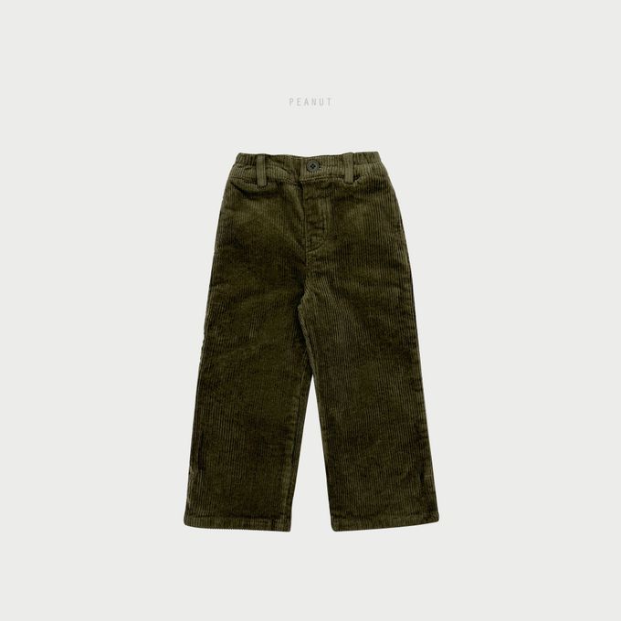 韓國 PEANUT - 鬆緊腰燈芯絨休閒長寬褲-軍綠