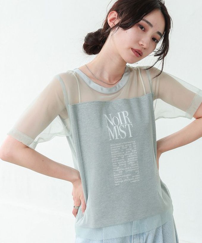 日本 Bab - 個性風透膚薄紗層次短袖上衣-英文字印花-嫩粉紅