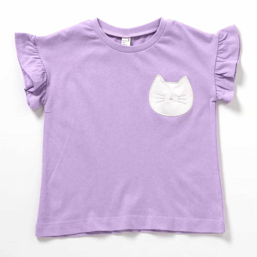 荷葉袖可愛女孩短袖上衣-貓咪-紫