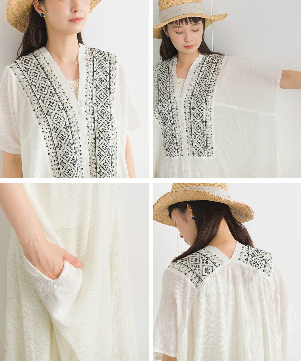 日本女裝代購 - 100%印度棉 前刺繡V領長版短袖上衣-白