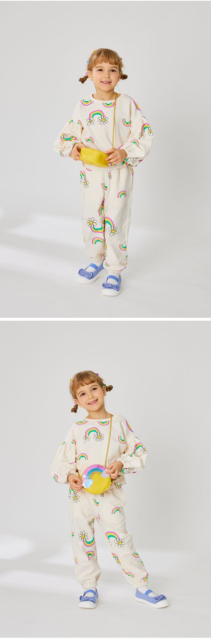 韓國 OZKIZ - (附包包)雛菊彩虹印休閒長袖套裝-米