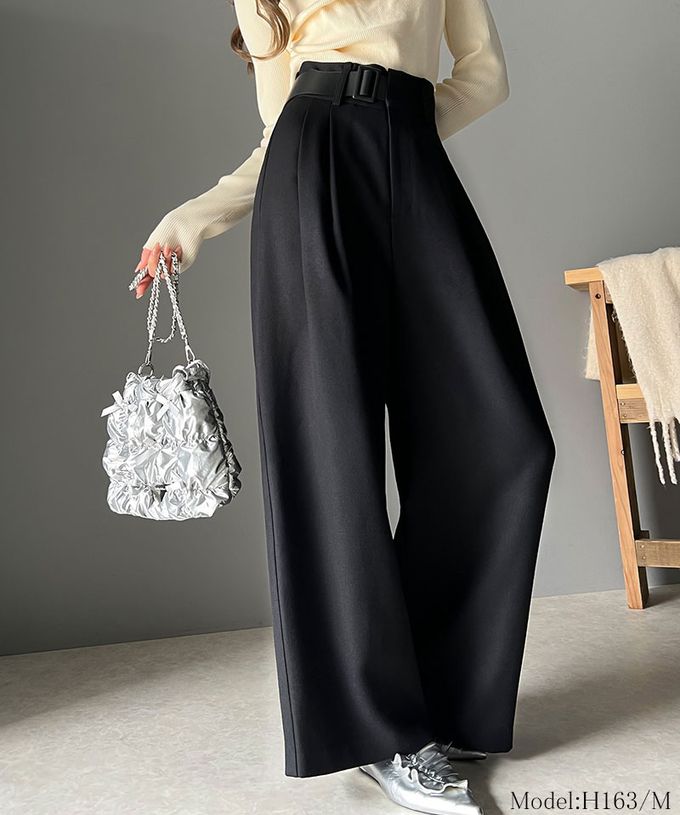 日本 Classical Elf - 腰帶造型粗花呢高腰美腿寬褲-淺杏