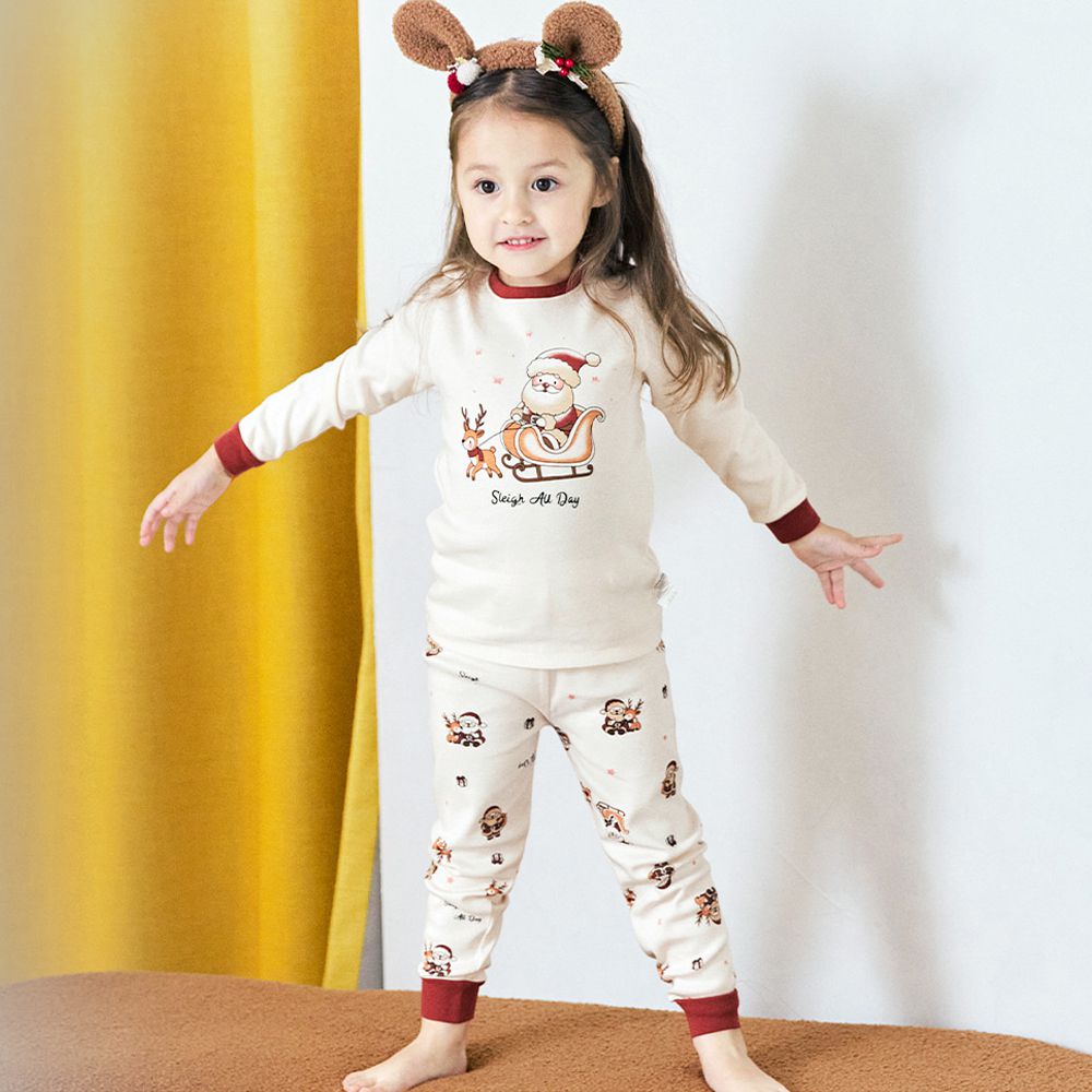 親膚舒絨棉彈性長袖家居服-聖誕老人X馴鹿-米