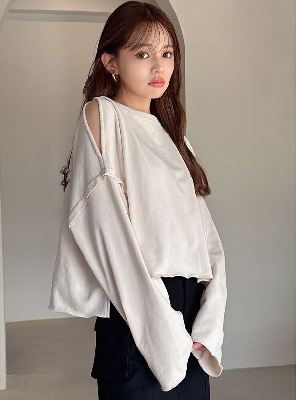 日本 GRL - 露肩開衩短版薄長袖上衣-黑 (F)