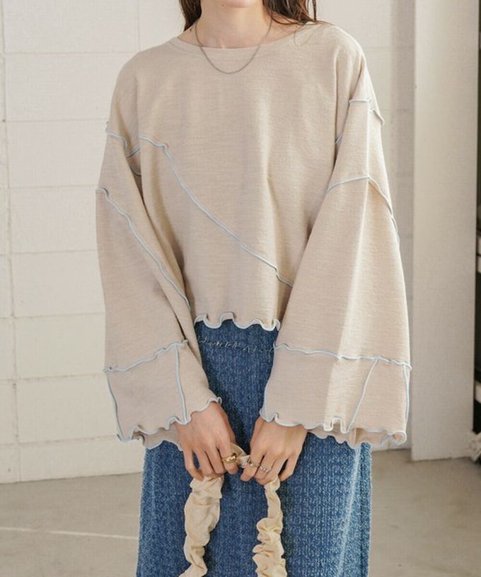 日本 Bab - 活力跳色感木耳邊大寬袖上衣-灰x淺黃