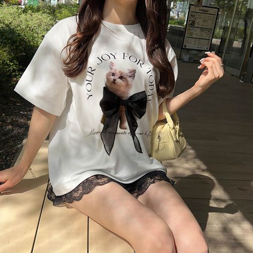 日本 GRL - 薄紗蝴蝶結貓咪印花短袖上衣-白 (F)