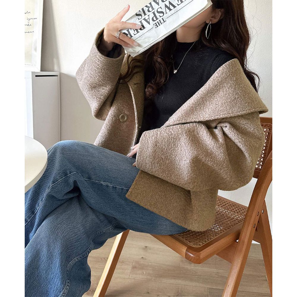 注目大翻領優雅毛呢感大衣外套-淺摩卡