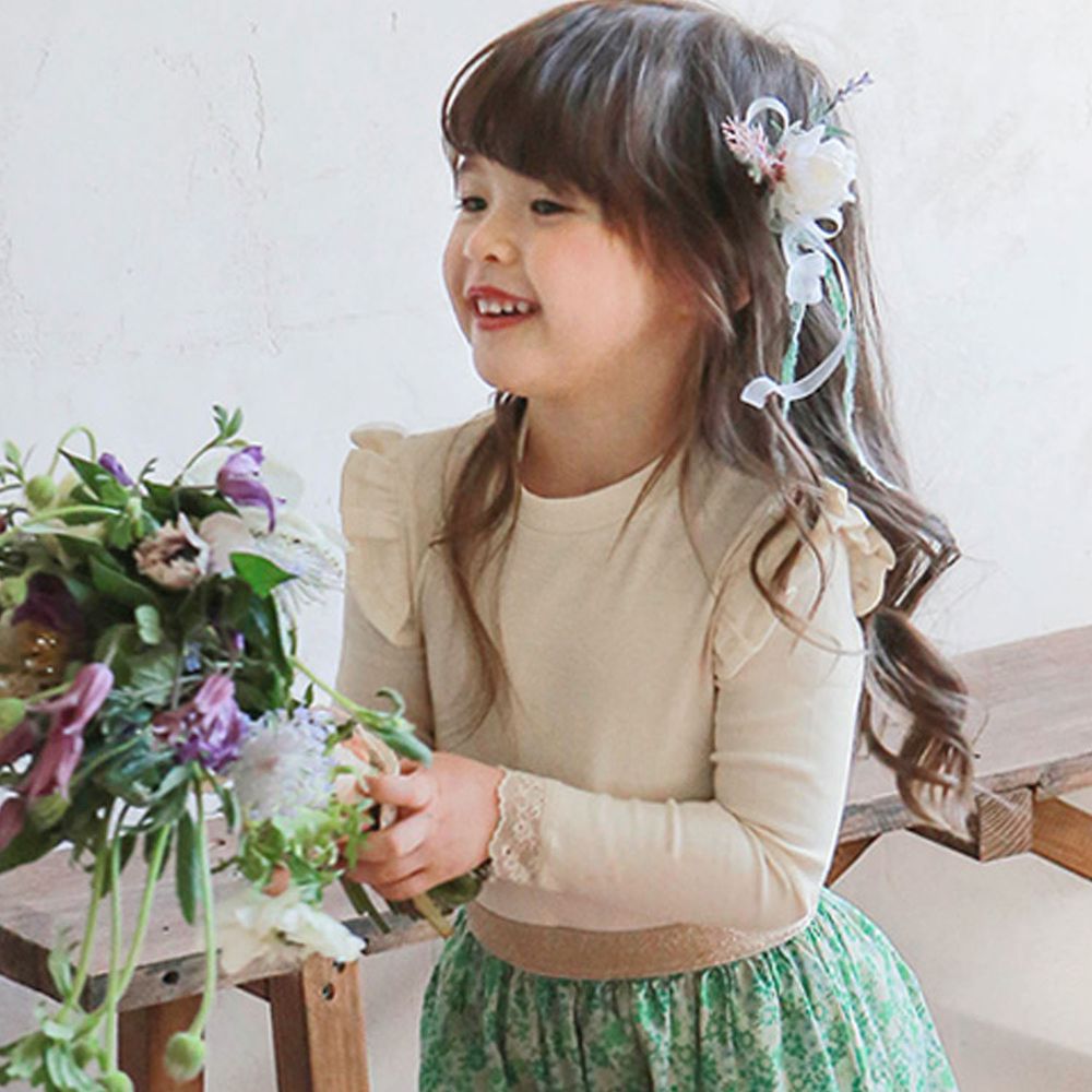 韓國 Puellaflo - 荷葉裝飾鏤空蕾絲袖口針織羅紋上衣-奶油白