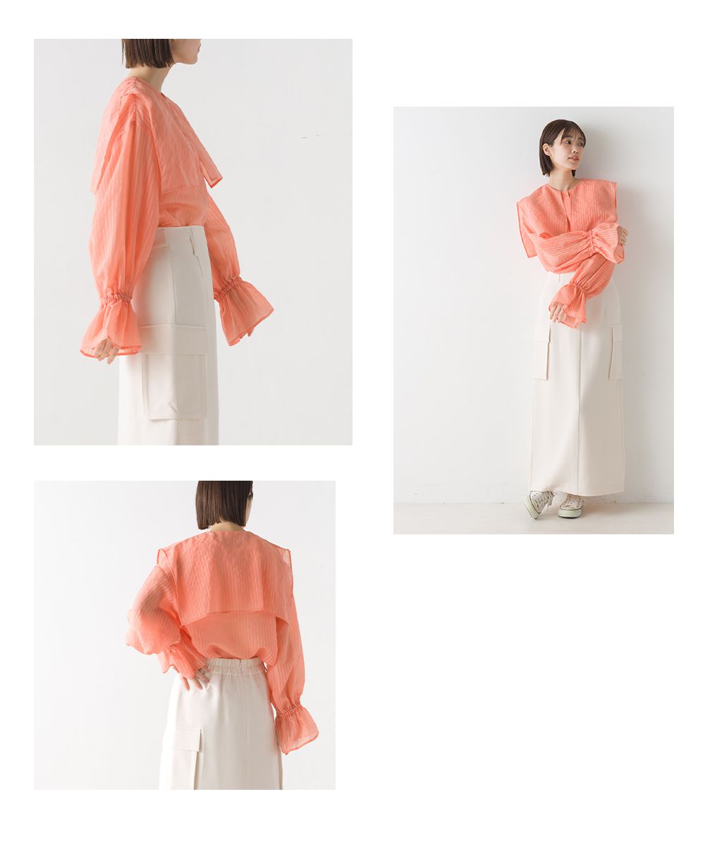 日本 OMNES - 空氣感翻領透膚糖果袖襯衫-暖陽橘