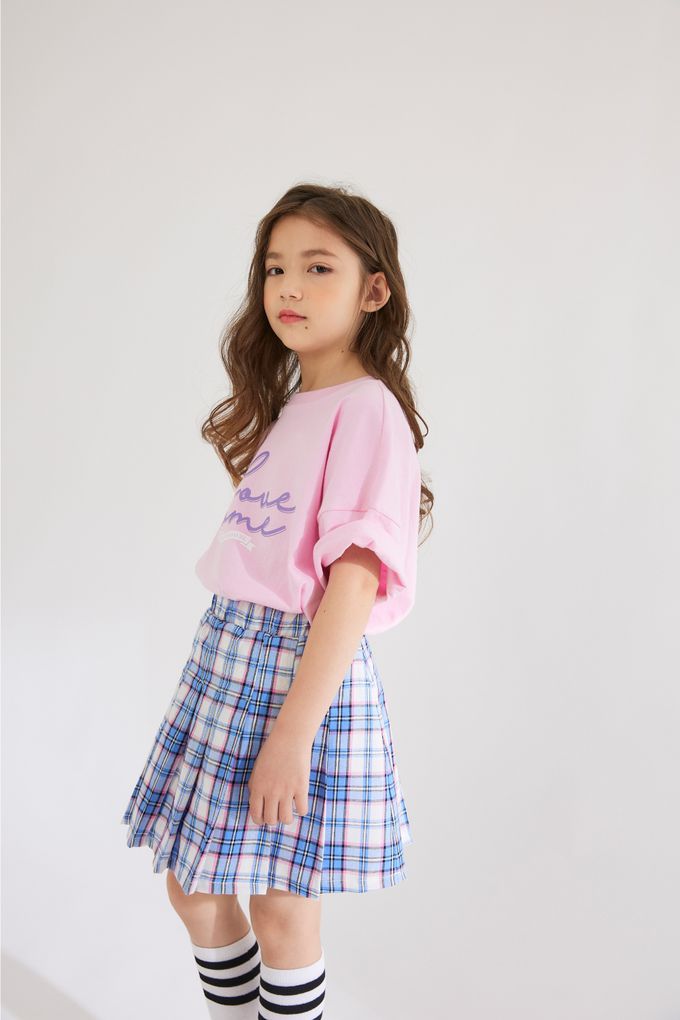 韓國 INDIVIDUEL - 鬆緊腰格子百摺短裙-藍X白