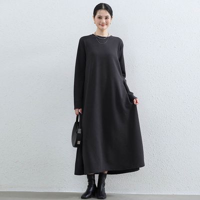 Yukié - 氣質華夫格顯瘦A字長袖長洋裝-黑色