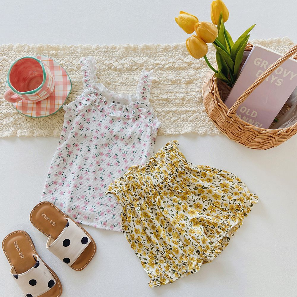 腰鬆緊休閒碎花燈籠短褲-小碎花-黑+白