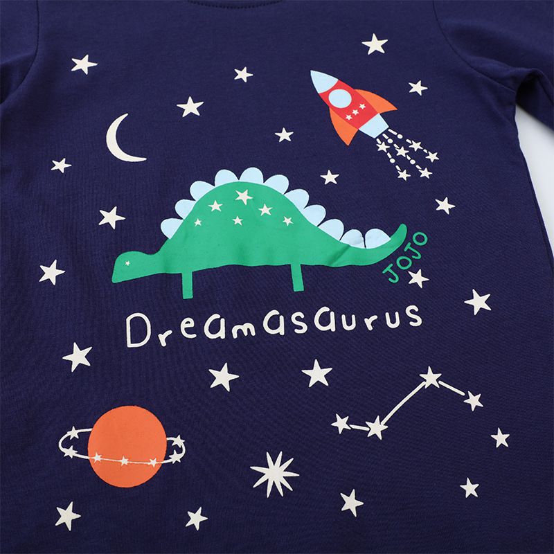 Jumping meters - 夜光圓領棉質長袖上衣-星星恐龍-深藍色