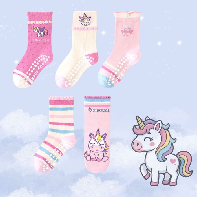 彩虹獨角獸防滑點膠中筒棉襪